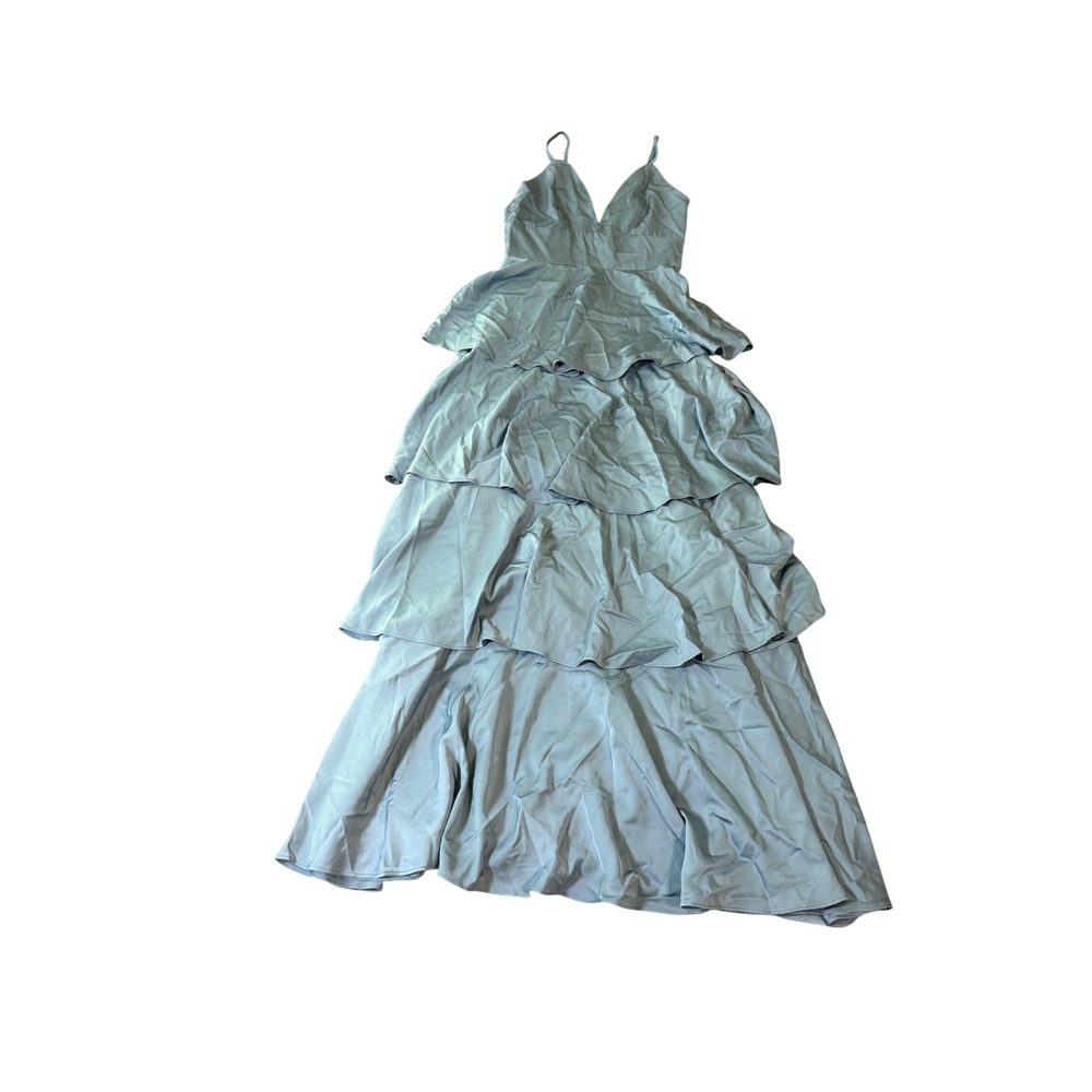 NWT Lulus Going with Elegance Slate Blue Satin Tiered Gown Size Small Formal - Picture 3 of 11